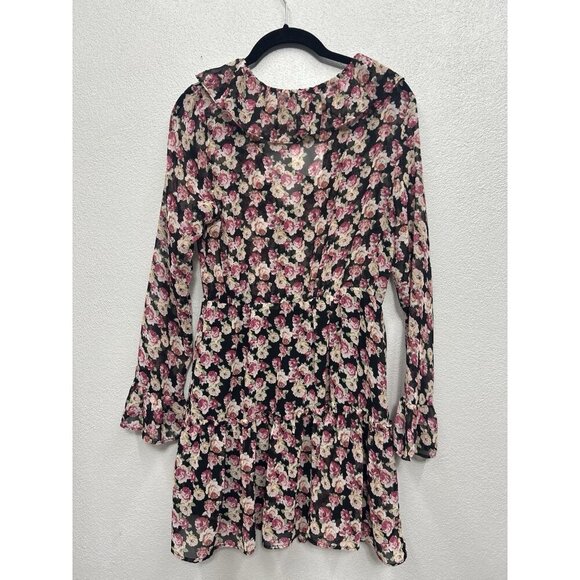 Zara Floral Mini Dress SMALL Button Front Long Sleeve Lightweight Ruffle Collar - Picture 3 of 8